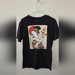 Black Graphic T-Shirt with Geisha Design